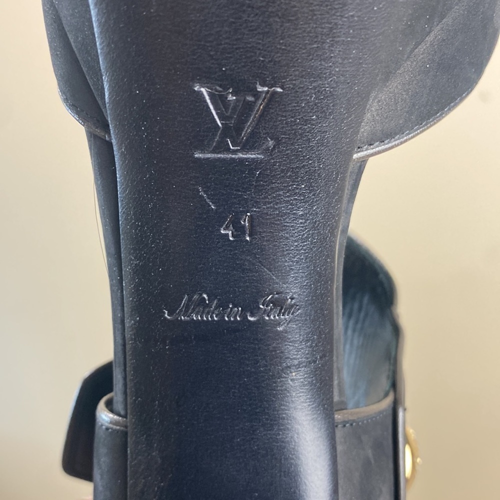 Louis Vuitton Nubuck Gold Button D’Orsay Platform Peeptoe Block Heel Sandal 41 - Picture 12 of 13